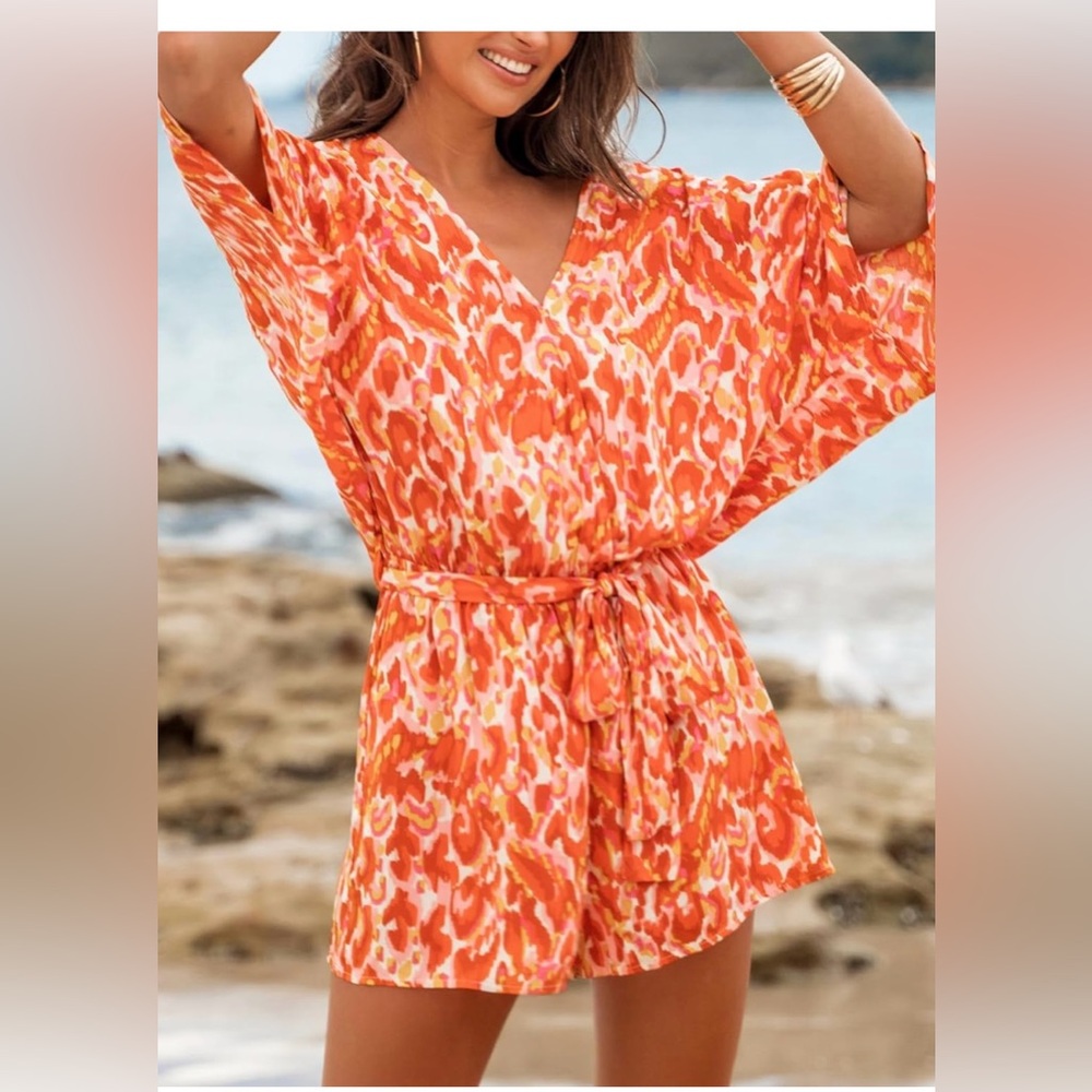 Tropical Sunset Romper Womens S Orange Pink Leopard Print Resort Vibes - Picture 4 of 11
